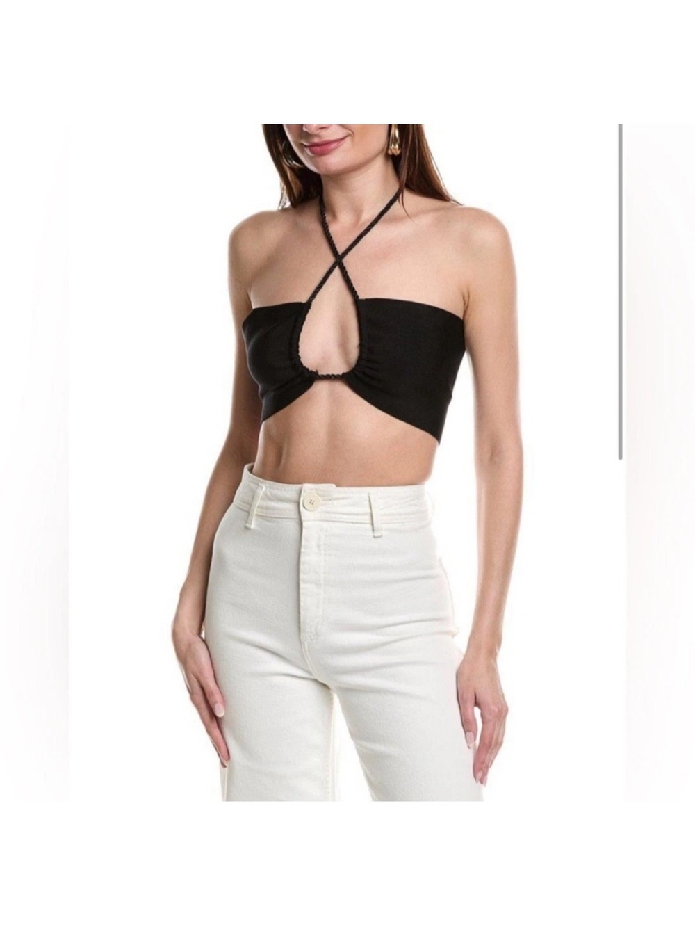Farm Rio Black Knit Bandeau Halter Top Beaded Tassels Trendy Basic Sz L